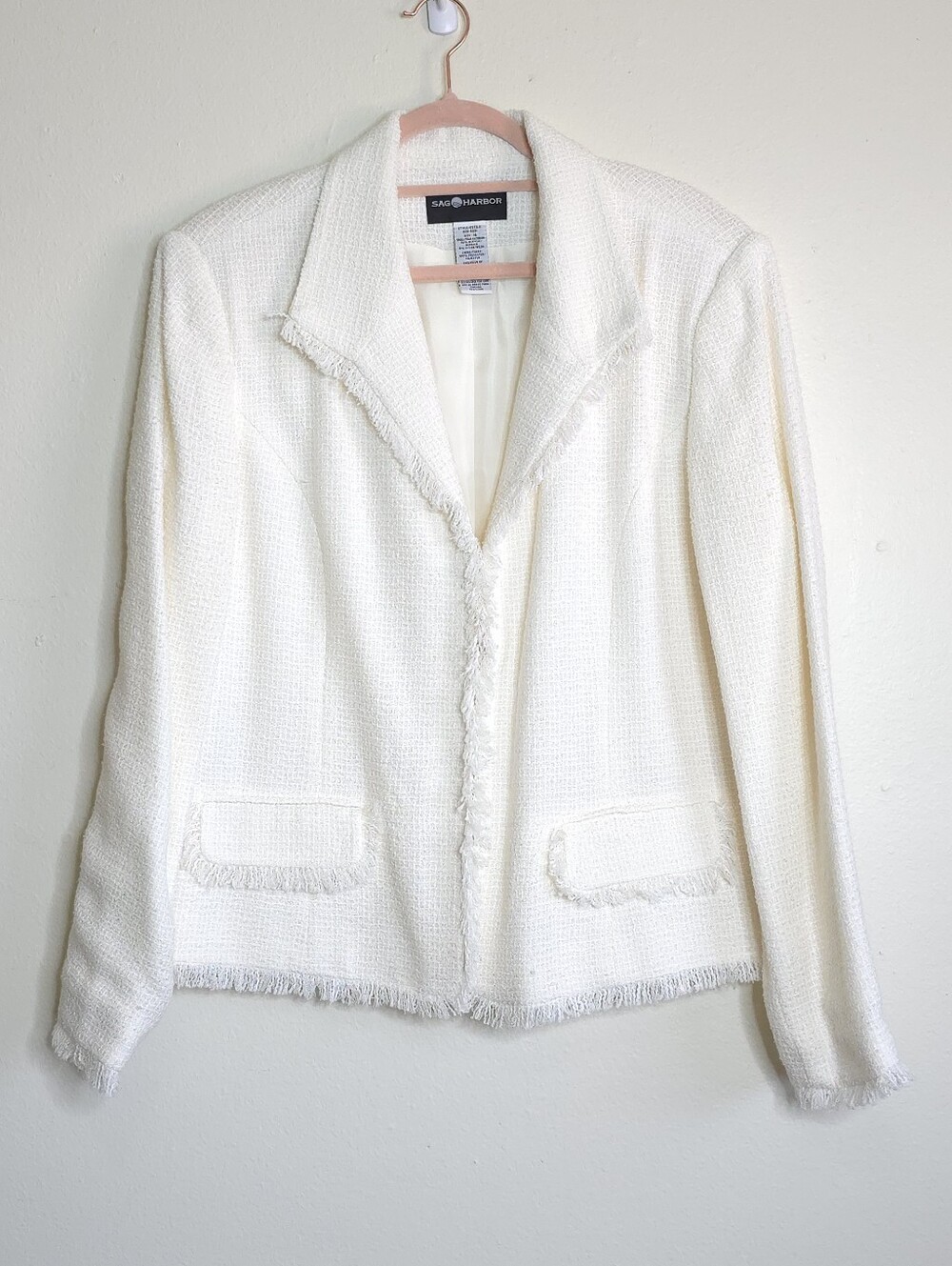 Vintage Sag Harbor Ivory White Tweed Fringe Trim Jacket Blazer Sz 16 (Fits L/XL)